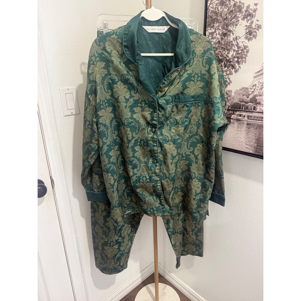 Vintage Victoria's Secret Emerald Green Gold Damask Pajama Set Large L